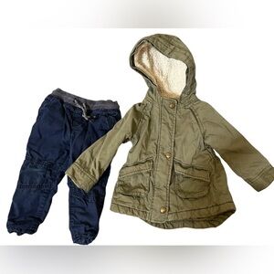 Winter -Sherpa green jacket & grey jersey cotton lined navy blue pants 18 months